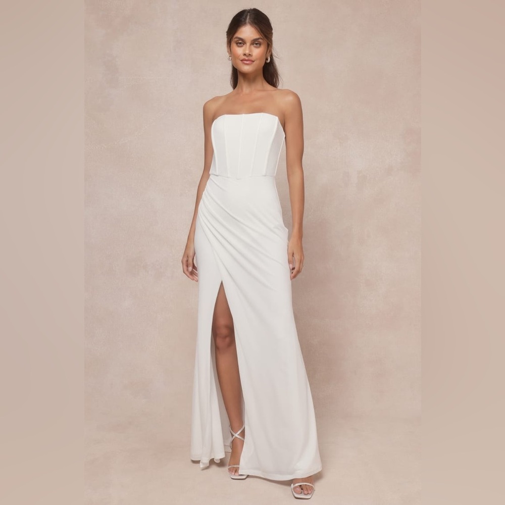 Lulu's White Strapless Maxi Dress with Front Slit